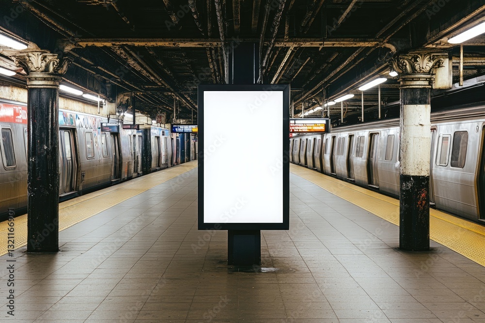 Blank advertising billboard in a city subway station. Inside a modern urban transit system