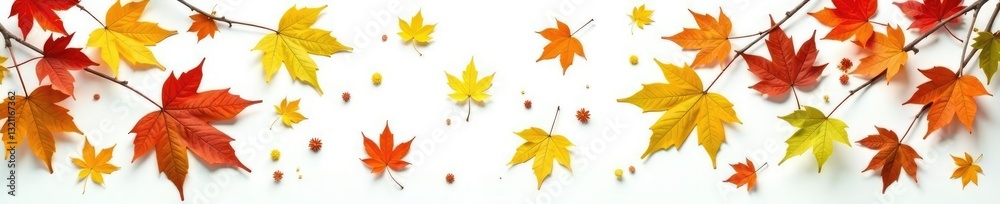 Colorful leaves of a birch tree scattered on white, leaves, wood, green Colorful leaves of a birch tree scattered on white, leaves, wood, green