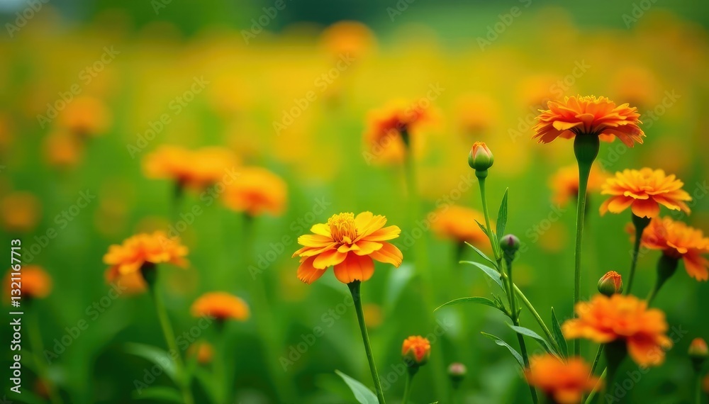 Colorful marigold blooms in a lush green meadow, blossoms, colorful, orange Colorful marigold blooms in a lush green meadow, blossoms, colorful, orange