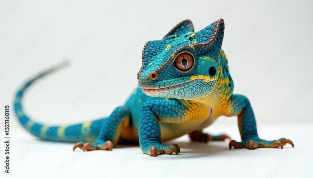 Obraz premium Striking blue and yellow panther chameleon, white backdrop , Chameleon, green
