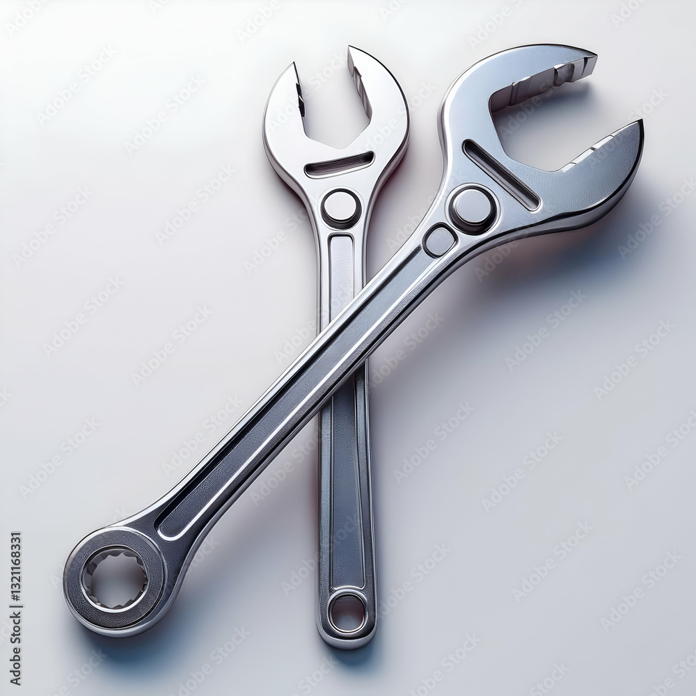 Two Gleaming Adjustable Wrenches, Symbols Of Skillful Repair And Precision Engineering, Crossing Against A Clean, Bright Background Two Gleaming Adjustable Wrenches, Symbols Of Skillful Repair And Precision Engineering, Crossing Against A Clean, Bright Background