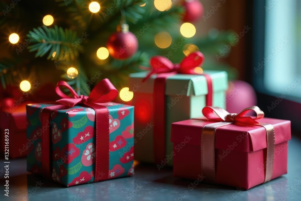 Colorful presents wrapped in ribbons under twinkling lights, colored paper, sparkling tree Colorful presents wrapped in ribbons under twinkling lights, colored paper, sparkling tree
