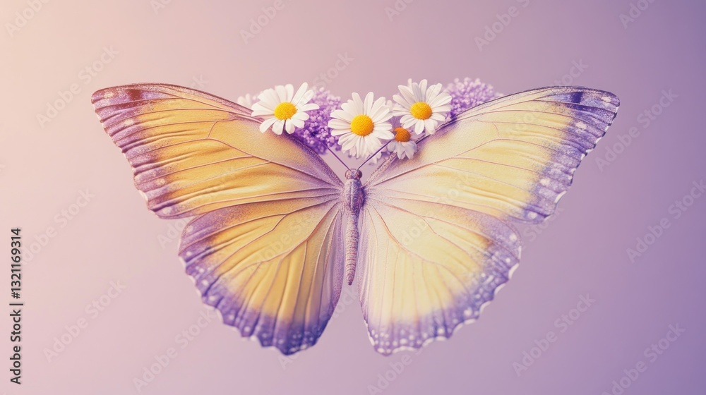 Fototapeta premium Delicate butterfly adorned with wildflowers. A pastel yellow and lavender butterfly, centered against a soft gradient background, is framed by small white daisies and purple flowers