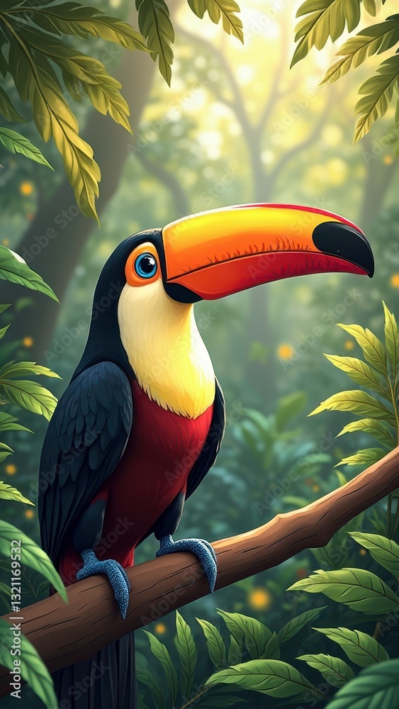 Fototapeta premium Colorful toucan perched on branch in sunlit tropical forest