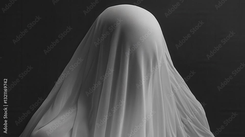 A veiled presence, partially revealed by a delicate ripple in the flowing white fabric. Close-up shot focusing on the hidden contours beneath the sheer veil, hinting at an unseen identity A veiled presence, partially revealed by a delicate ripple in the flowing white fabric. Close-up shot focusing on the hidden contours beneath the sheer veil, hinting at an unseen identity
