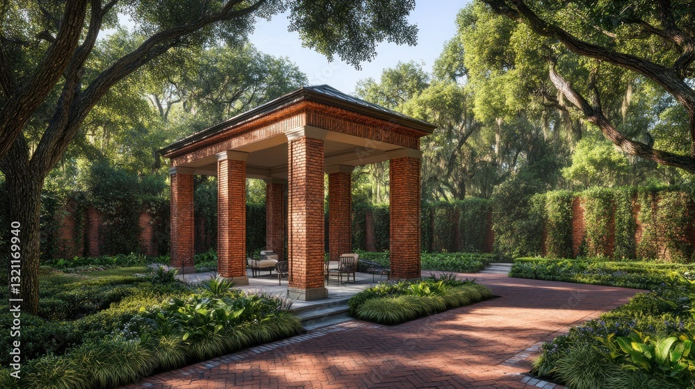 Brick gazebo in lush Southern garden Brick gazebo in lush Southern garden