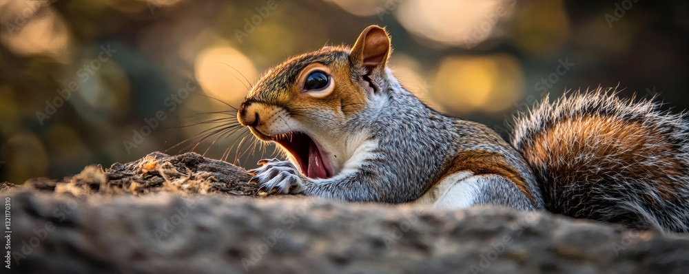 Obraz premium A grey squirrel is yawning widely while resting on wood