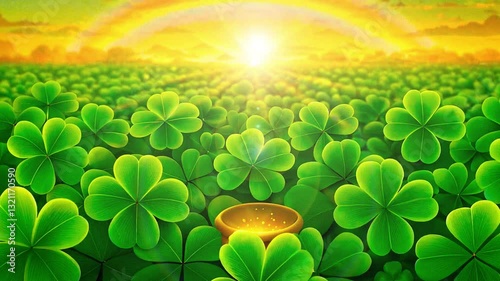 A pot of gold filled with shiny coins sitting in a lush green field of clovers at sunset, with a glowing rainbow stretching across the sky, symbolizing Irish luck and fortune.