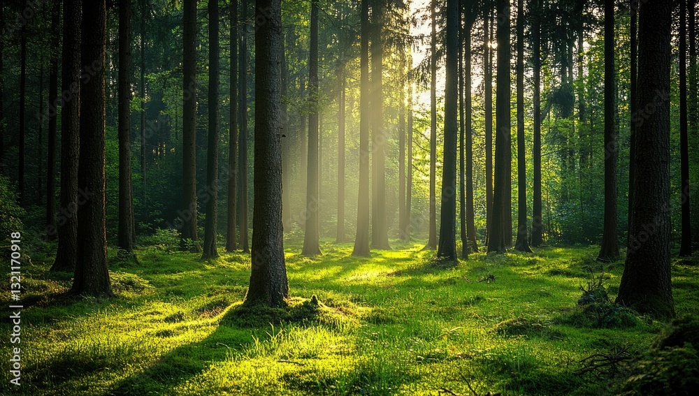 Fototapeta premium Sunlight streams through a dense forest. Lush green foliage and tall trees create a tranquil scene