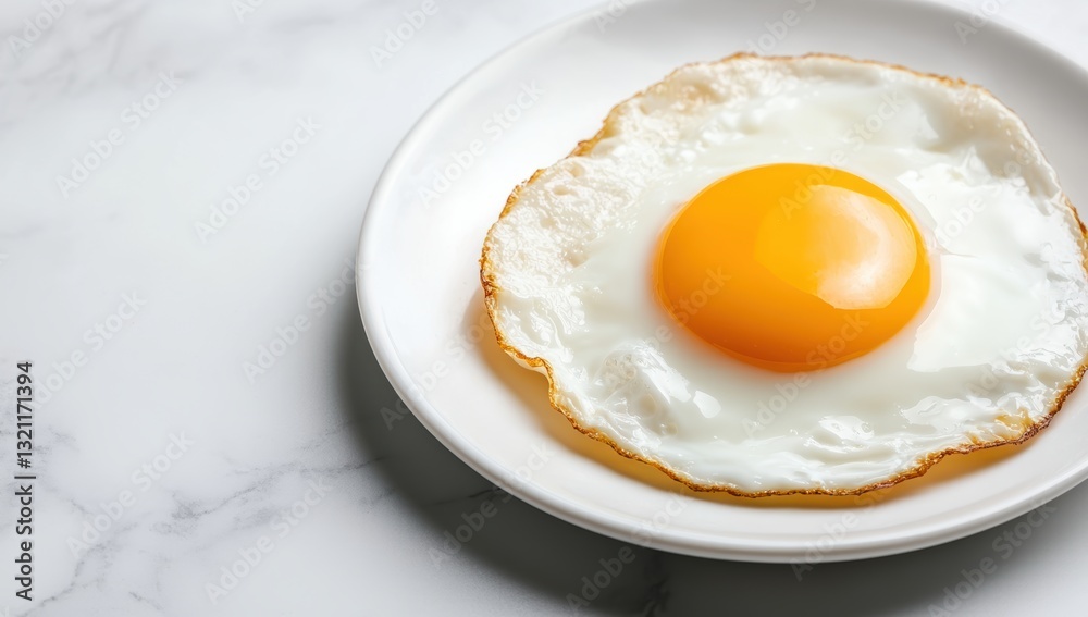 Perfectly cooked fried egg with crispy golden edges and glossy yolk served on a white plate placed on a marble countertop ideal for breakfast Perfectly cooked fried egg with crispy golden edges and glossy yolk served on a white plate placed on a marble countertop ideal for breakfast