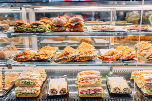 A display case filled with a variety of fresh sandwiches, croissants, wraps, and burgers in a bakery or café, ready for customers to buy..