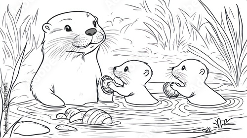 Otter family playing with shells in river, reeds background, coloring page