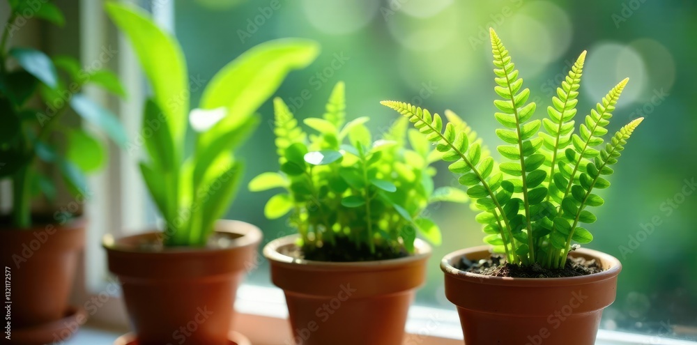 Delicate green ferns in small pots on windowsill, plants, small Delicate green ferns in small pots on windowsill, plants, small