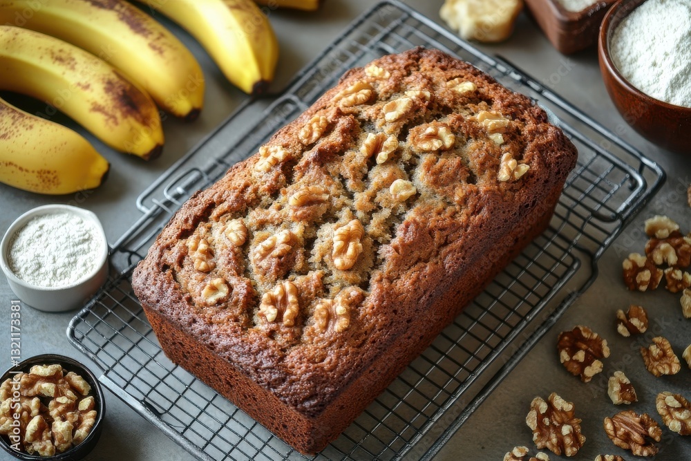 Deliciously baked banana bread with walnuts resting on a cooling rack surrounded by ripe bananas and baking ingredients in a cozy kitchen setting Deliciously baked banana bread with walnuts resting on a cooling rack surrounded by ripe bananas and baking ingredients in a cozy kitchen setting