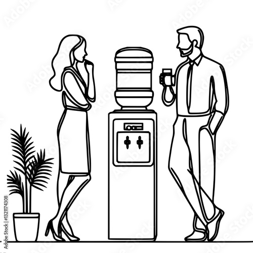 Black and white vector simple illustration of two employees standing in the office near the water cooler