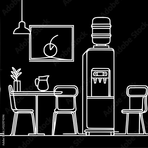 Minimalistic cozy interior with water cooler, table and chairs, black background white lines, single line vector outline drawing