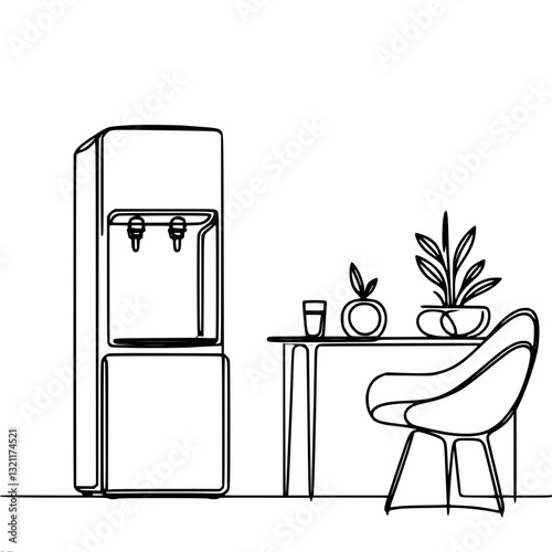 Minimalistic interior with line drawing: water cooler, table with plant, apple and glass, and chair, single line vector outline drawing