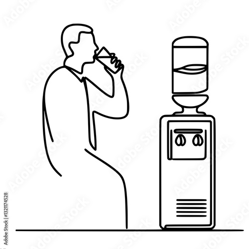 Line vector outline simple drawing of man drinking water from glass near water cooler. Minimalistic style.