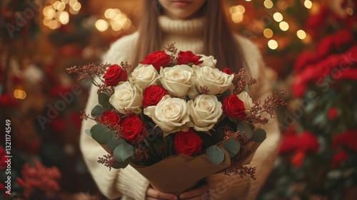 Romantic gesture woman holding bouquet of red and white roses in floral setting indoor close-up love expression