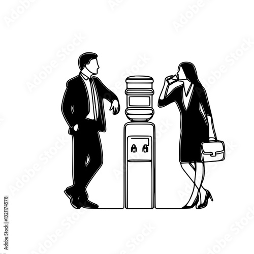 Black and white vector simple illustration of two employees in the office at the water cooler, man and woman drinking water from a glass