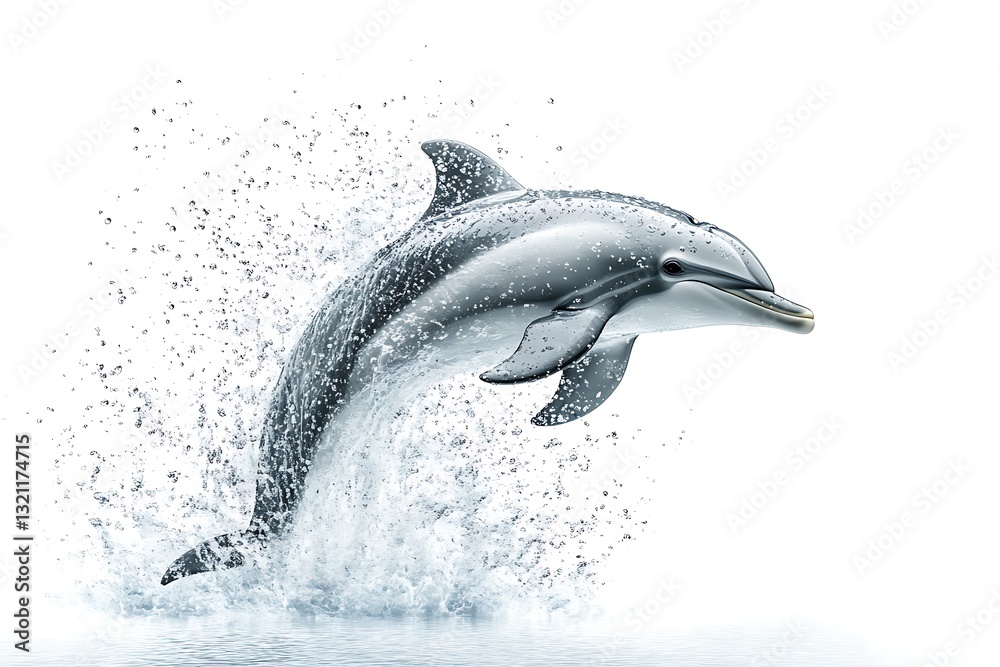 Obraz premium Stunning Dolphin Leaping from Ocean Water Splashing Isolated on White Background