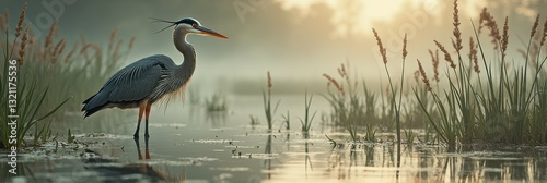 Great blue heron at sunrise in misty wetlands