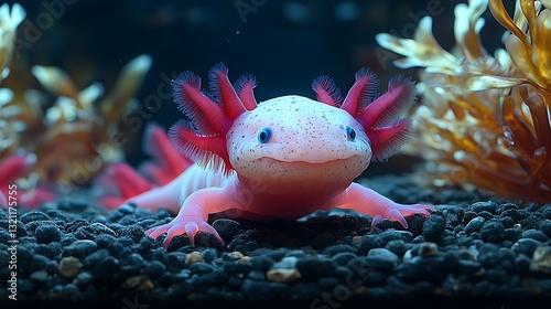 Vibrant pink axolotl with delicate gills resting on pebbled surface.