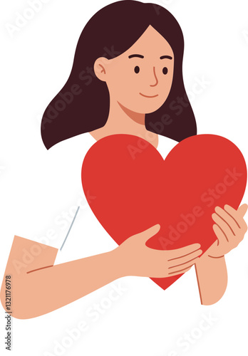 Woman holding a large red heart in flat style vector art