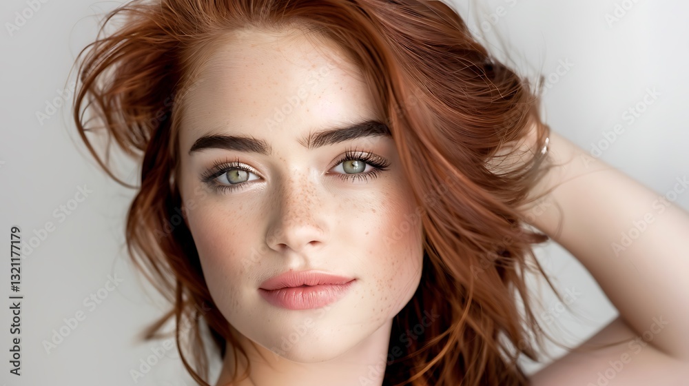 Fototapeta premium Beautiful young woman with striking red hair and captivating green eyes posing gracefully against a light background