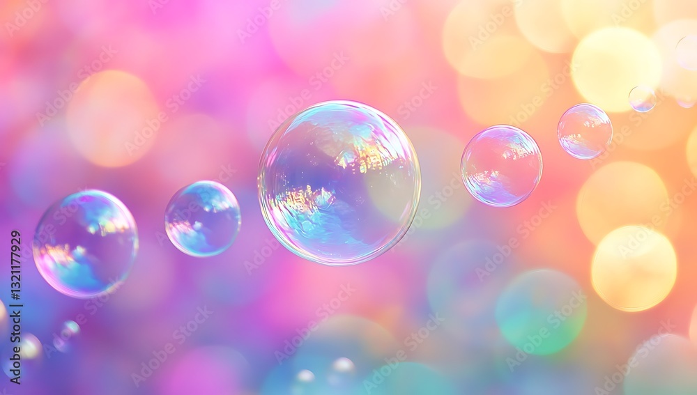 Sparkling Rainbow Soap Bubbles on Pastel Bokeh Background, Dreamy Art Sparkling Rainbow Soap Bubbles on Pastel Bokeh Background, Dreamy Art