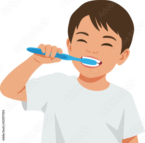 Happy child brushing teeth in flat design vector art style for dental hygiene awareness vector illustration