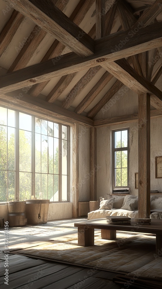 Fototapeta premium Rustic Wooden Home Interior Design: Cozy Living Room with Sunlight