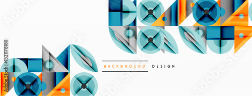 Geometric abstract composition with intersecting shapes, circles, triangles, and gradients, blending vibrant colors and dynamic contrasts to create a modern, futuristic visual design