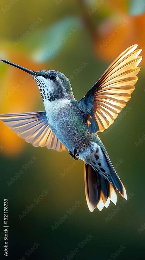 Fototapeta premium Vibrant hummingbird in mid-flight showcasing colorful wings against a blurred natural backdrop during daylight