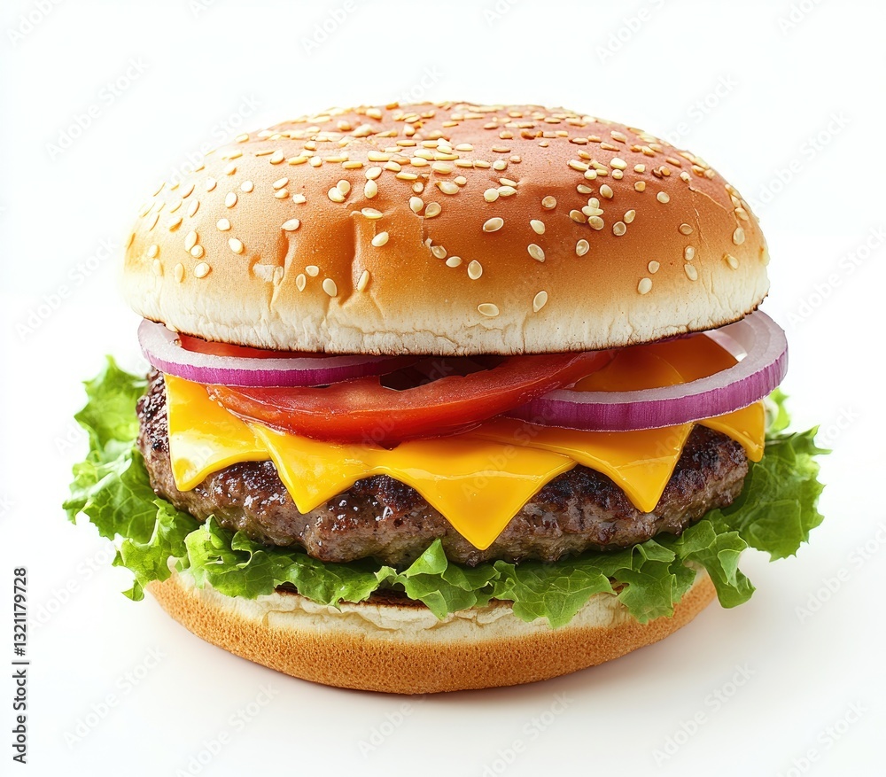 Classic cheeseburger. Freshly prepared burger with sesame seed bun, juicy beef patty, melted cheese, crisp lettuce, ripe tomato, and sliced red onion. Perfect for a quick lunch or dinner Classic cheeseburger. Freshly prepared burger with sesame seed bun, juicy beef patty, melted cheese, crisp lettuce, ripe tomato, and sliced red onion. Perfect for a quick lunch or dinner