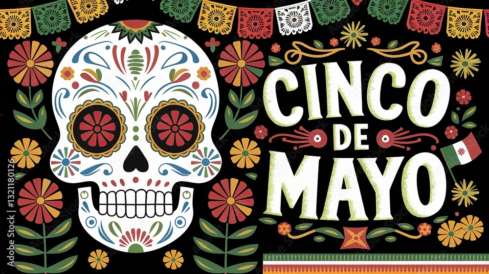 Obraz premium Colorful Sugar Skull Illustration for Cinco de Mayo and Día de los Muertos Celebrations