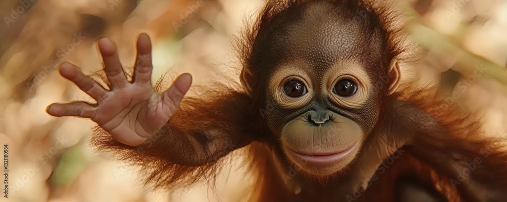 Fototapeta premium A cute young primate with a friendly outstretched hand is seen