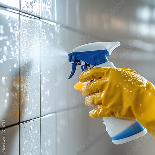 Cleaning tiles in a modern bathroom using a spray cleaner with a gloved hand during daylight