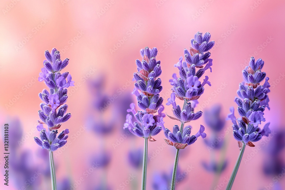 Fototapeta premium Closeup view of beautiful purple lavender flowers blooming in soft pink background nature photography