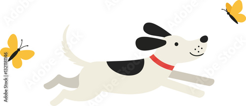 Playful dog chasing butterflies in a flat design vector art illustration