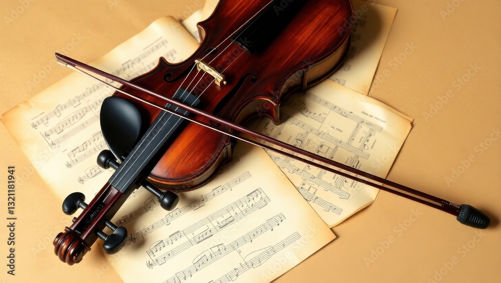 Fototapeta premium Elegant violin resting on sheet music, displaying classical artistry and harmony