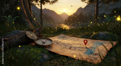 A compass and treasure map laid on grass near a tranquil river at sunset, surrounded by nature