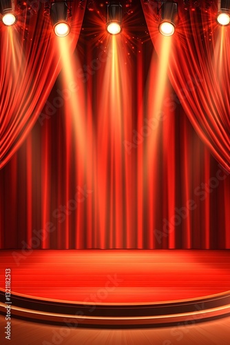 Illuminated Stage with Red Curtains, Spotlight, and Wooden Platform Background