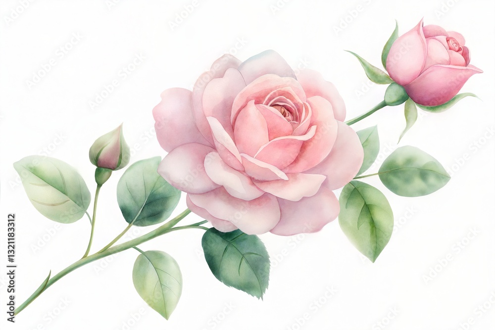 watercolor rose and green leave isolated on white background watercolor rose and green leave isolated on white background