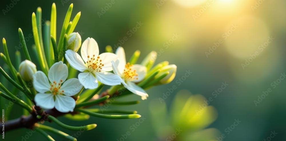 Fototapeta premium Softly glowing white pine flowers in morning light, blossoms, pine blossoms