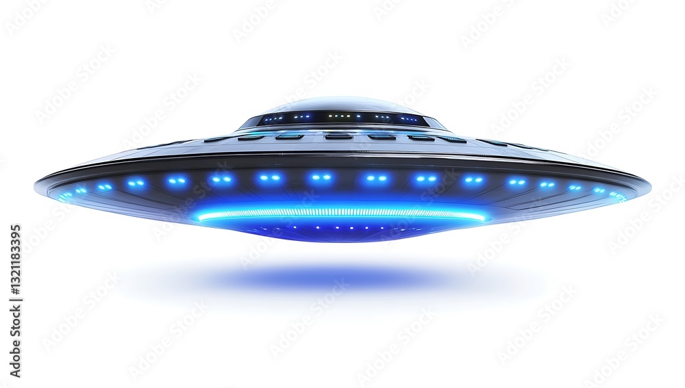 Fototapeta premium Futuristic UFO Spaceship Design Sci-Fi Flying Saucer with Blue Lights, 3D Render