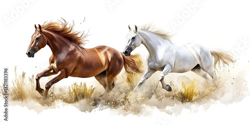 Stunning Watercolor Painting of Two Horses Running Wild in a Field