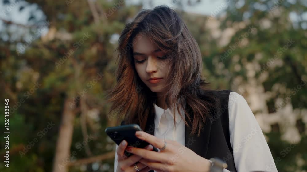 Focused young adult browsing her phone amidst the tranquil backdrop of a city park with natural lighting. Young Woman Texting on Smartphone in a City Park Setting Focused young adult browsing her phone amidst the tranquil backdrop of a city park with natural lighting. Young Woman Texting on Smartphone in a City Park Setting