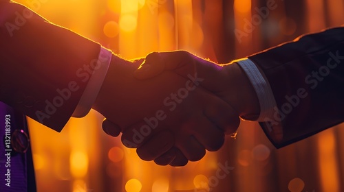 Professional business handshake in warm golden light during successful partnership or agreement in modern setting