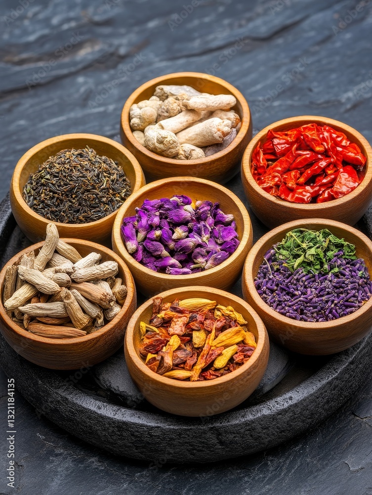 Aromatic Herbal Collection - Assortment of dried herbs and spices in wooden bowls on dark background. Perfect for health, wellness, and culinary themes Aromatic Herbal Collection - Assortment of dried herbs and spices in wooden bowls on dark background. Perfect for health, wellness, and culinary themes